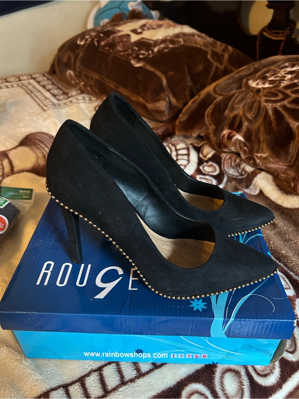 Rouge Helium Black Suede Pointed Toe Studded Pumps